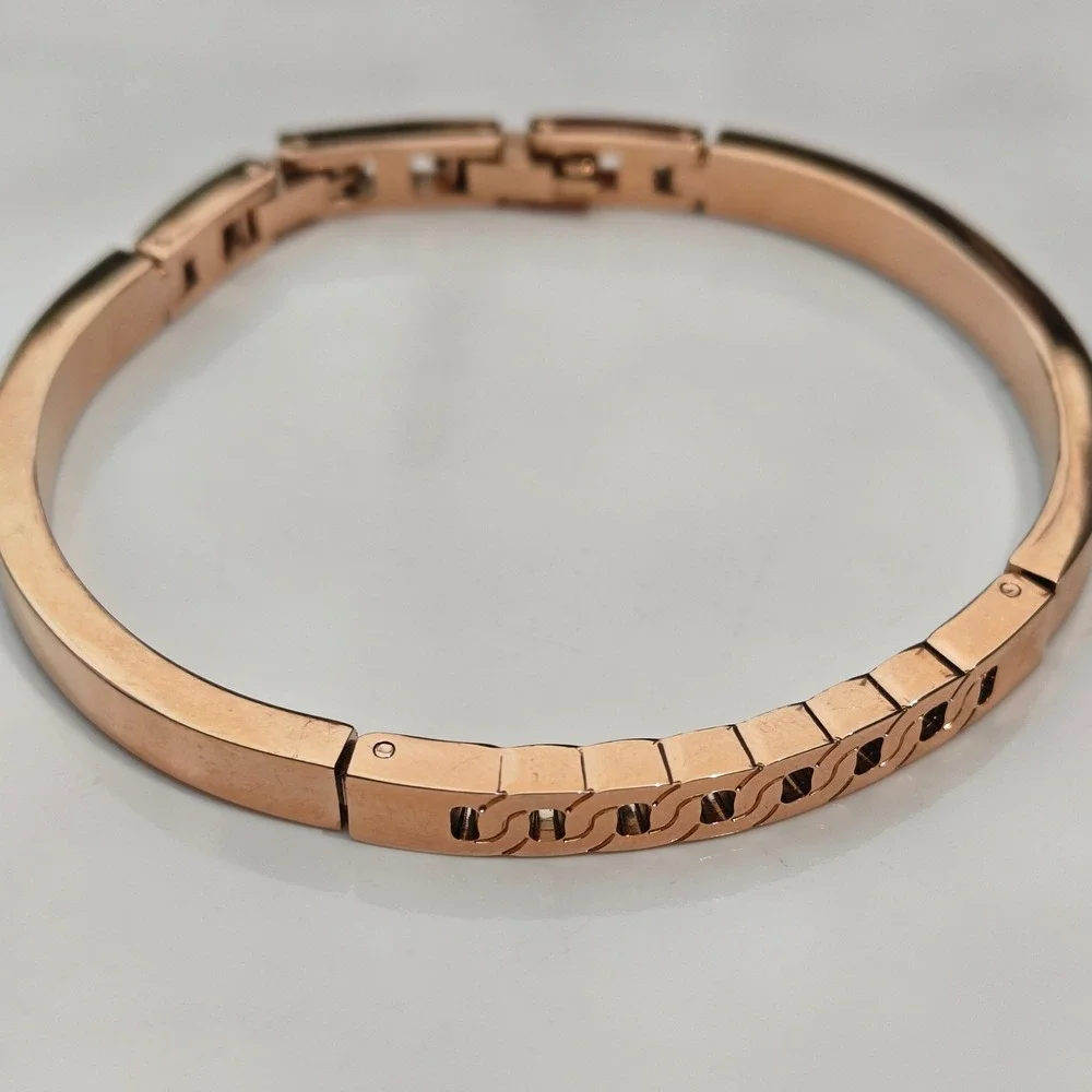 Rose Gold Tone Geometric Chain Link Cutout Hinged Bangle Bracelet Adjustable‎